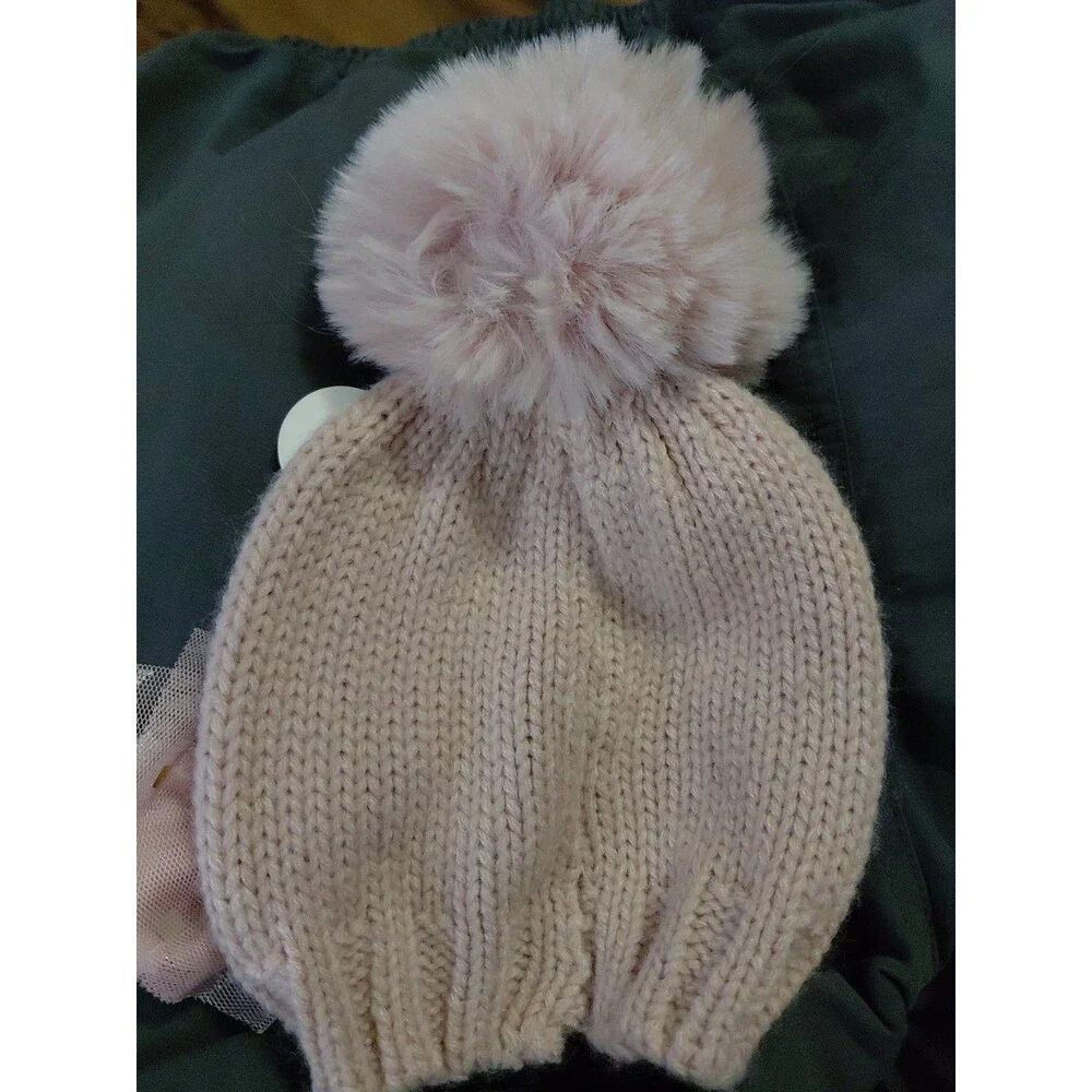 Toddler WINTER HAT, PINK, Metallic Bow,Faux Fur Puff, Winter , Toddler NEW